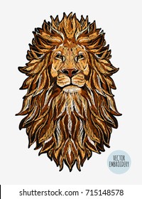 Embroidery colorful  pattern with lion. Vector traditional folk fashion ornament on black background.