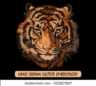 Embroidery colorful pattern with tiger. Traditional vector illustration for folk fashion on black background.