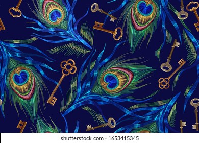 Embroidery colorful peacock feathers and golden keys. Horizontal seamless pattern. Classical fashionable embroidery. Template for design of clothes 