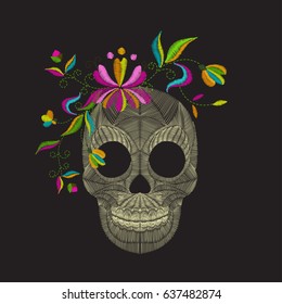 Embroidery colorful scull with spring bouquet of  flowers. Vector traditional folk fashion ornament on black background. Easy to remove any part of the scull of recolor it.