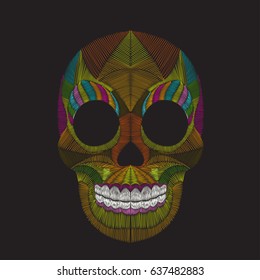 Embroidery colorful scull . Vector traditional folk fashion ornament on black background.
 Easy to remove any part of the scull of recolor it.