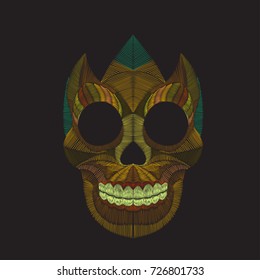 Embroidery colorful scull . Vector traditional folk fashion ornament on black background.
 Easy to remove any part of the scull of recolor it.
