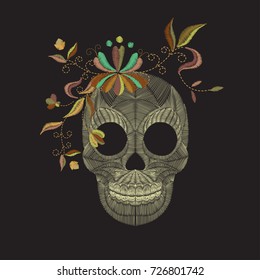 Embroidery colorful scull . Vector traditional folk fashion ornament on black background.
 Easy to remove any part of the scull of recolor it.
