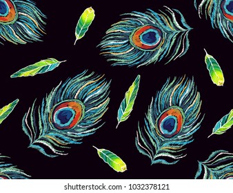 Embroidery colorful seamless pattern background with peacock feathers. Vector traditional folk fashion ornament on black background.