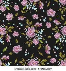 Embroidery colorful  seamless pattern with dog roses and forget me not flowers. Vector traditional folk fashion floral ornament on black background.