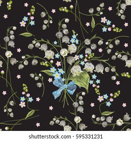 Embroidery colorful seamless pattern with lilies of the valley and forget me not flowers. Vector traditional folk floral ornament on black background for design.