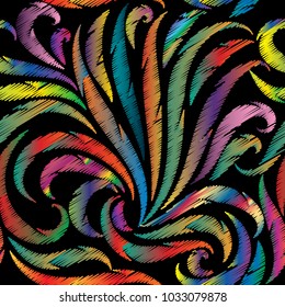 Embroidery colorful seamless pattern. Vector floral background wallpaper with hand drawn fantasy tapestry flowers, grunge leaves, shapes, lines, swirls, curves. Embroidered fan shaped bright ornaments