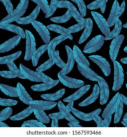 Embroidery colorful simplified ethnic blue feathers pattern . Vector  traditional folk elements   for design. On a dark background