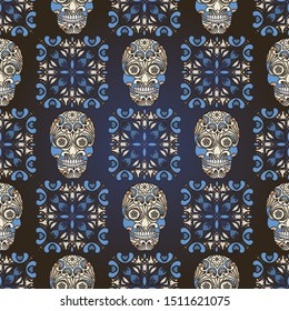 Embroidery colorful simplified ethnic element and skull pattern . Vector  traditional folk bone ornament on black background for design. boho chic