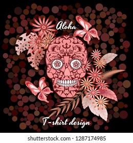 Embroidery colorful simplified ethnic featherl and skull pattern . Vector  traditional folk bone ornament on dark background for design