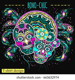 
Embroidery colorful simplified ethnic featherl and skull pattern . Vector  traditional folk bone ornament on black background for design. boho chic