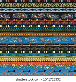Embroidery colorful simplified ethnic feathers pattern . Vector  traditional folk elements   for design. boho chic, strips ornament 