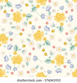 Embroidery colorful simplified ethnic floral seamless pattern. Vector traditional folk roses flowers ornament on beige background for textile design