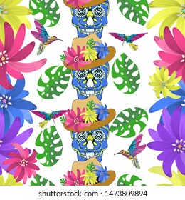 Embroidery colorful simplified ethnic flowers, birds and skull pattern . Vector  traditional folk bone ornament  for design. boho chic