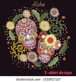 Embroidery colorful simplified ethnic the flowers and skull pattern . Vector  traditional folk bone  for t-shirt design. boho chic