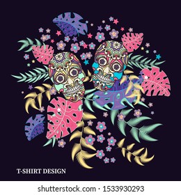 Embroidery colorful simplified ethnic the flowers and skull pattern . Vector  traditional folk bone  for t-shirt design. boho chic