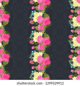 Embroidery colorful simplified ethnic  pattern . Vector  traditional folk elements   for design. lace strips ornament. Decorated with beautiful bouquets of flowers