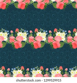 Embroidery colorful simplified ethnic  pattern . Vector  traditional folk elements   for design. lace strips ornament. Decorated with beautiful bouquets of flowers