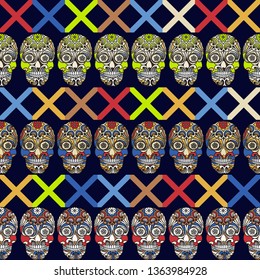 Embroidery colorful simplified ethnic skull pattern . Vector  traditional folk bone ornament on black background for design. Decorated with pattern . boho chic