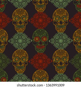 Embroidery colorful simplified ethnic skull pattern . Vector  traditional folk bone ornament on black background for design. Decorated with pattern . boho chic