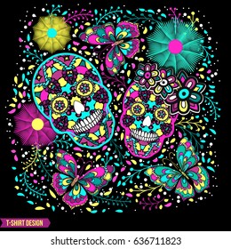 Embroidery colorful simplified ethnic skull pattern . Vector  traditional folk bone ornament on black background for design.