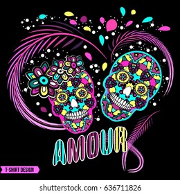 Embroidery colorful simplified ethnic  skull pattern . Vector  traditional folk bone ornament on black background for design.