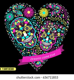 Embroidery colorful simplified ethnic   skull pattern . Vector  traditional folk bone ornament on black background for design. in the shape of a heart