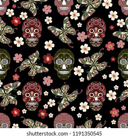 Embroidery colorful simplified ethnic skulls, flowers and butterflies pattern . Vector  traditional folk elements   for design. boho chic ornament 