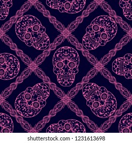 Embroidery colorful simplified ethnic tracery and skull pattern . Vector  traditional folk bone ornament on  background for design. boho chic