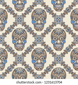 Embroidery colorful simplified ethnic tracery and skull pattern . Vector  traditional folk bone ornament on  background for design. boho chic