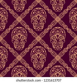 Embroidery colorful simplified ethnic tracery and skull pattern . Vector  traditional folk bone ornament on  background for design. boho chic