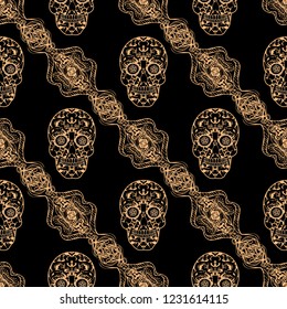 Embroidery colorful simplified ethnic tracery and skull pattern . Vector  traditional folk bone ornament on black background for design. boho chic