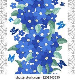 Embroidery colorful simplified  pattern of  flowers and leaves.  Vector    elements   for design. seamless  ornament. lace strip 