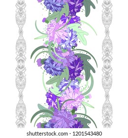 Embroidery colorful simplified  pattern of  flowers and leaves.  Vector    elements   for design. seamless  ornament. lace strip 
