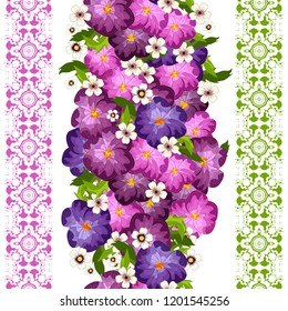 Embroidery colorful simplified  pattern of  flowers and leaves.  Vector    elements   for design. seamless  ornament. lace strip 