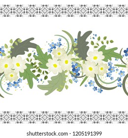 Embroidery colorful simplified  pattern of  flowers and leaves.  Vector    elements   for design. seamless  ornament. lace strip