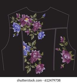 Embroidery colorful trend ethnic floral pattern with roses for jeans jacket back. Vector traditional folk ornament with flowers on black background for clothing design