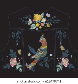 Embroidery colorful trend ethnic floral pattern with parrot for jeans jacket back. Vector fashion exotic ornament with flowers on black background for clothing design.