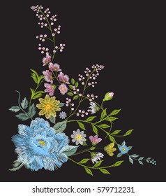 Embroidery colorful trend floral angle pattern. Vector traditional folk blue roses, chamomile, forget me not flowers bouquet on black background for clothing design