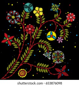 Embroidery colorful trend floral bouquet. Contemporary traditional folk with flowers arrangements on black background for dress design. Branch of tropical japanese youth blooms. Vector. 