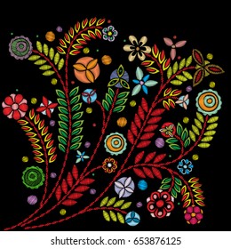 Embroidery colorful trend floral bouquet. Contemporary traditional folk with flowers arrangements on black background for dress design. Branch of tropical japanese youth blooms. Vector. 