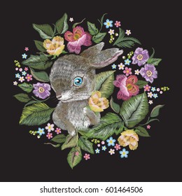 Embroidery colorful trend floral garland pattern with rabbit. Vector traditional illustration with folk roses bouquet and bunny on black background for fabric or cover design.