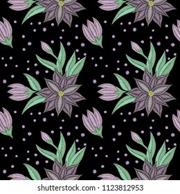 Embroidery colorful trend floral pattern with flower and leaf. Vector traditional folk flowers bouquet on black background for clothing design