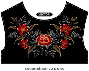 Embroidery colorful trend floral pattern. Vector design for collar t-shirts and blouses. ethnic flowers neck line for Fashion. Vector illustration.