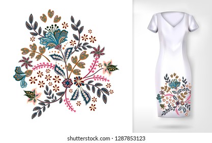 Embroidery colorful trend floral pattern. Vector traditional ornamental flowers pattern on dress mock up. Can be used in dressing clothes, textiles, household items.