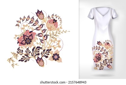Embroidery colorful trend floral pattern. Vector traditional ornamental flowers pattern on dress mock up. Can be used in dressing clothes, textiles, household items.