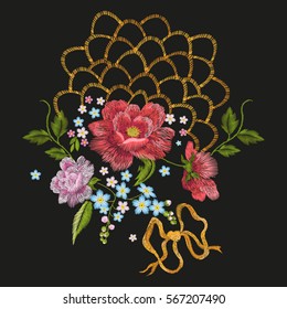 Embroidery colorful trend floral pattern. Vector traditional folk dog roses, forget me not flowers with gold lace and bow-knot ornament on black background