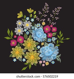 Embroidery colorful trend floral pattern. Vector traditional folk blue roses, chamomile, forget me not flowers bouquet on black background for clothing design.