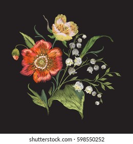 Embroidery colorful trend floral pattern with poppies and lilies of the valley. Vector traditional folk flowers bouquet on black background for design