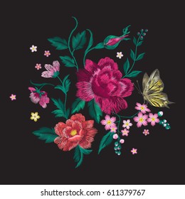Embroidery colorful trend floral pattern with butterfly. Vector traditional folk roses and forget me not flowers bouquet on black background for clothing design